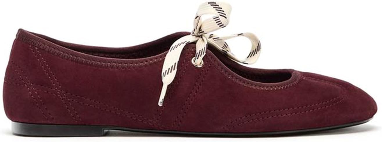 DOEYG Suede Ballet Flats Shoes for Women Lace up Ballerinas Round Toe Mary Jane Flats Dressy Casual Comfortable Cute Shoes