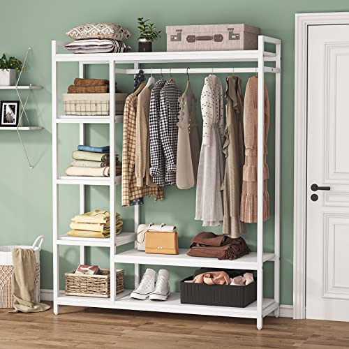 Little Tree Free-Standing Closet Organizer, Heavy Duty Clothes Closet, Portable Garment Rack With 6-Tier Shelves And Hanging Rod, Black Metal Frame & White Board (White&White) #TOP7