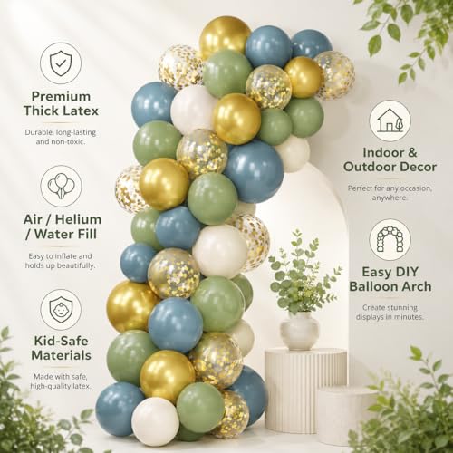 Image of Green Blue Balloons Sage Beige Gold Balloons Jungle Woodland Party Decorations Dusty Blue Green White Balloon 60pcs 12inch Latex Balloons Gold Confetti Helium Safari Wild One Dino Birthday DIY