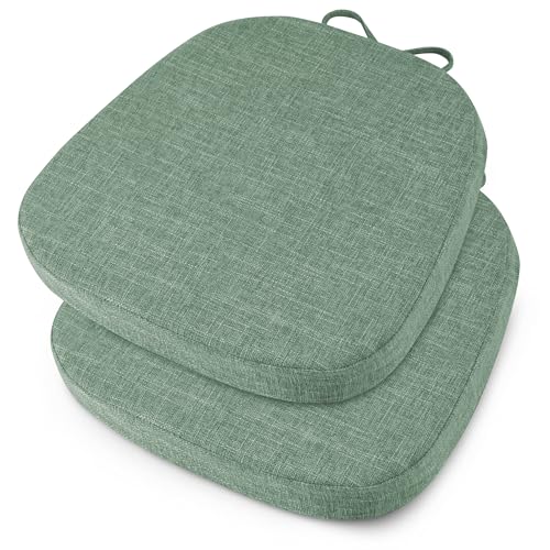 Image of OVOV 14x14 Chair Cushions for Metal Dining Chairs Set of 2 Sage Green | Non Slip, Washable Removable Cover with Ties, Textured, for Dining Room, Kitchen Cafes Bistro Patio, Stackable Chairs