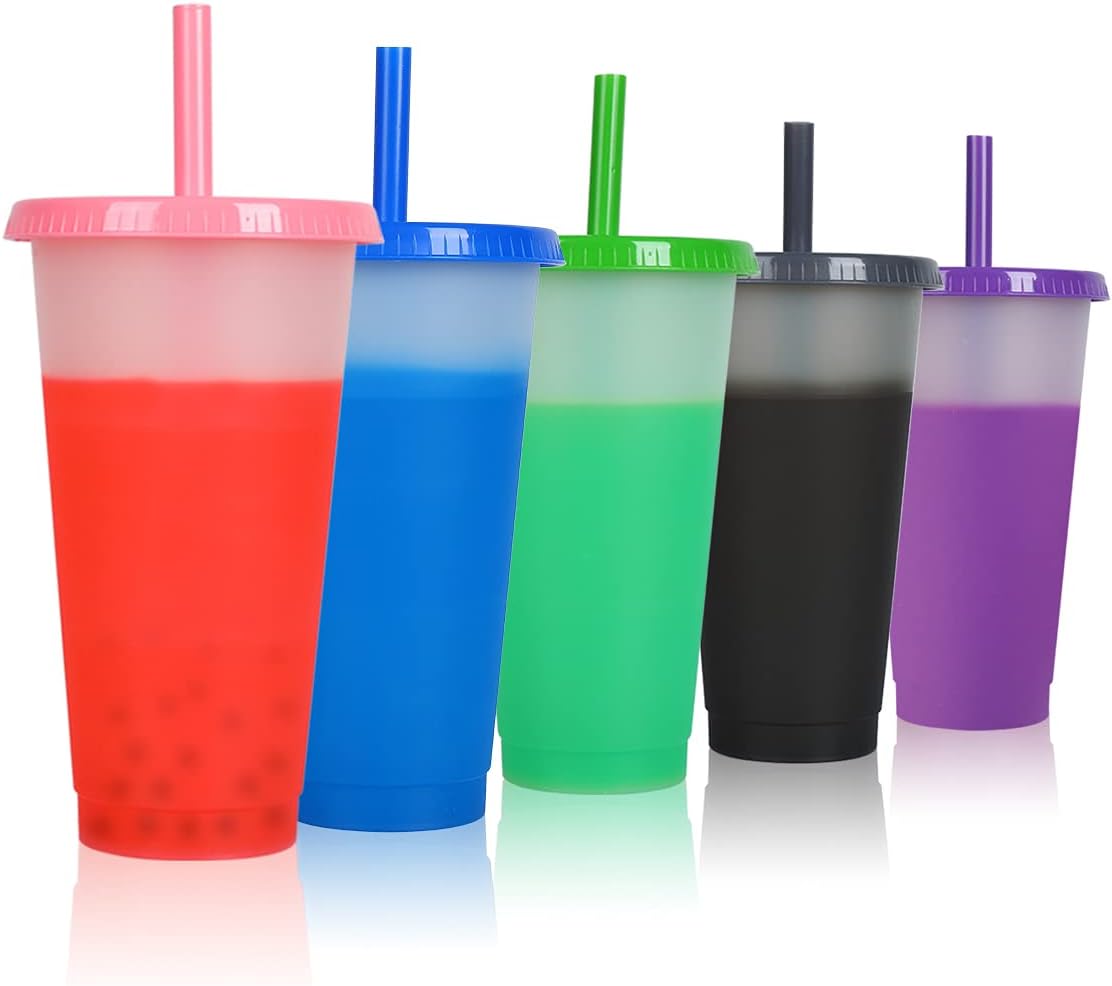 heincar Color Changing Cups for Kids & Adults - 5 Pack Reusable Smoothie Drinking Water Iced Coffee Cup for Party - 24oz Plastic Tumblers with Lids & Straws