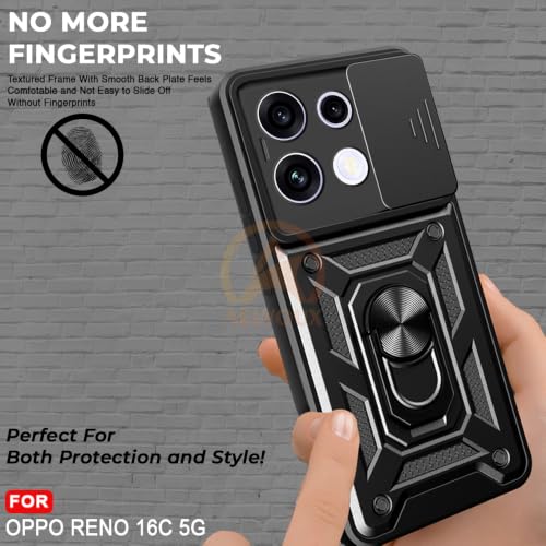 Image of Armor Bumper Back Cover Case for Oppo Reno 16C 5G Rotating Camera Cover, Ring Holder & Kickstand | Heavy Duty & 360 Degree Protection Back Cover for Oppo Reno 16C 5G (Black)