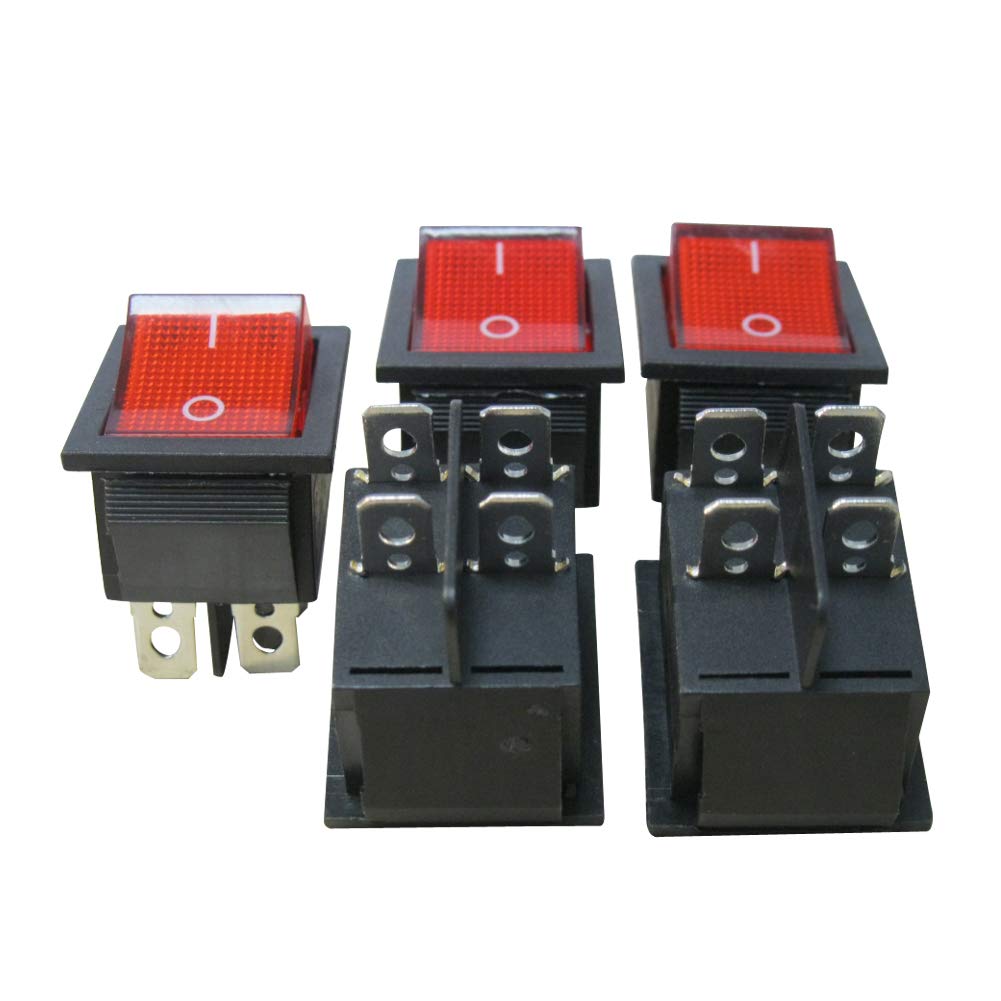 Taiss / 5Pcs AC 250V/16A, 125V/20A Red Light Illuminated ON/Off DPST 4