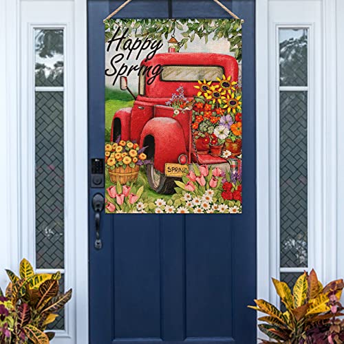 Furiaz Happy Spring Vintage Red Truck House Flag, Pickup Home Yard Lawn Decorative Outdoor Large Flag, Daisy Tulip Flowers Outside Garden Decorations Seasonal Welcome Burlap Decor Double Sided 28 X 40 #TOP4