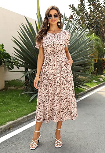 Navins Women Floral Print Puff Sleeve Tiered A-Line Swing Midi Dress With Pockets Na1002 (M,Beige Leopard) #TOP3