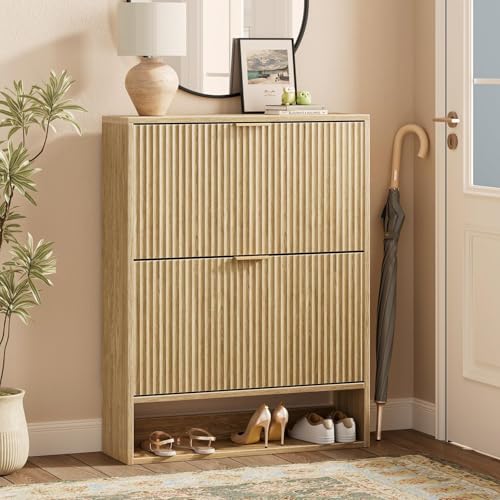 Image of Evermagin 31.5''W Oak Shoe Cabinet Storage for Entryway, Fluted Slim Shoe Dresser with 2 Flip Drawers, Narrow Shoe Rack Cabinet, Hidden Shoe Organizer Cabinet for Entrance, Hallway