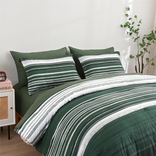KAKIJUMN 7 Piece Bed in a Bag Stripe Comforter Set Queen Size, White Grey Green Patchwork Striped Comforter and Sheet Set, All Season Soft Microfiber Complete Bedding Sets(Dark Green,Queen) - Image 6