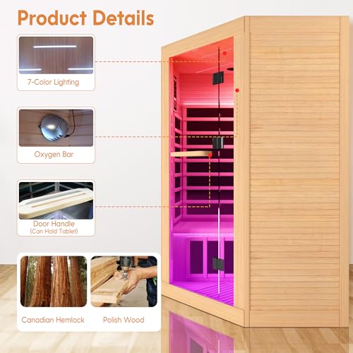Image of OUTEXER 2-3 Person Sauna Corner Sauna Far Infrared Saunas Room Home Canadian Hemlock Indoor 2100W Low-EMF Dry Saunas with 7 Color Therapy 47.2 * 47.2 * 74.8inch