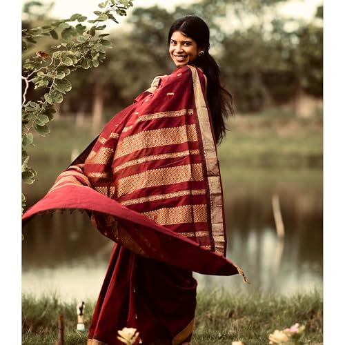 Image of DHIHA Gadwal Cotton Saree for Women | Pure Kalyani Cotton Saree with Zari Border Tassels & Blouse | Kanjivaram Linen Silk | Handloom Weave