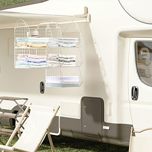 X-Cosrack 3 Tier Foldable Closet Organizer, Clothes Shelves With 5 S Hooks, Wall Mount&Cabinet Wire Storage Basket Bins, For Clothing Sweaters Shoes Handbags Clutches Accessories-White Patent Design #TOP4