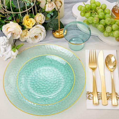 Rubtlamp 175 Pcs Green Plastic Plates Dinnerware Set (25 Guests), Hammered Plates Set, Green Plastic Party Plates Set include 50 Disposable Plates Set, 75 Gold Plastic Silverware, 25 Cups 25 Napkins