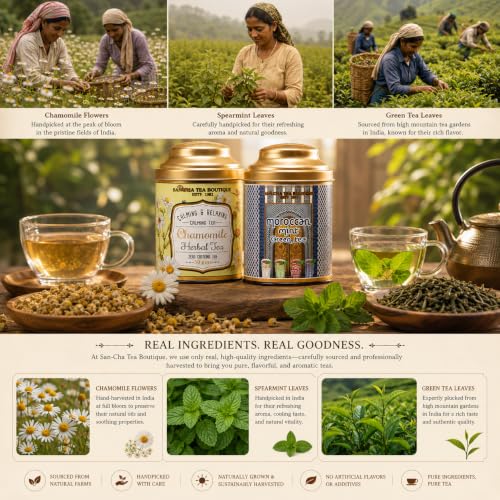Image of Sancha Tea Boutique, Tea Combo Pack: Chamomile Herbal (50g), Caffeine Free Herbal Tisane & Moroccan Mint Green Teas (100g), Refreshing & Calming Drinks