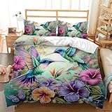 AILONEN Beautiful Hummingbird Duvet Cover Set Queen Size, Colorful Flower Bird Print Bedding Set for Girls Women,3 Pieces Soft Quilt Cover with 2 Pillowcases