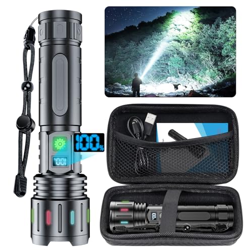Hoxida Flashlights High Lumens Rechargeable - 1500 Meters Long Beam Super Bright LED Flash Light with Power Display & IPX5 Waterproof for Camping, 20H Runtime,Zoomable Handheld Flashlight-String