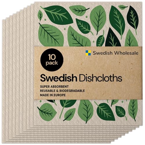 Image of Swedish Wholesale Dishcloths Reusable 8 inch x 7 inch Sponge Cloths, Bulk 10 Pack of High Absorbent Cellulose Dish & Kitchen Cleaning Hand Towels, Wring to Dry & Machine Wash, Odor Resistant, Leaves