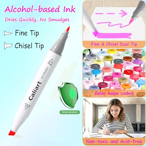 Image of Caliart Markers, 100 Colors Dual Tip Art Markers Sketch Pens Permanent Alcohol Based, with Case for Adults Artists Drawing Illustration Sketching Coloring (White Barrel)