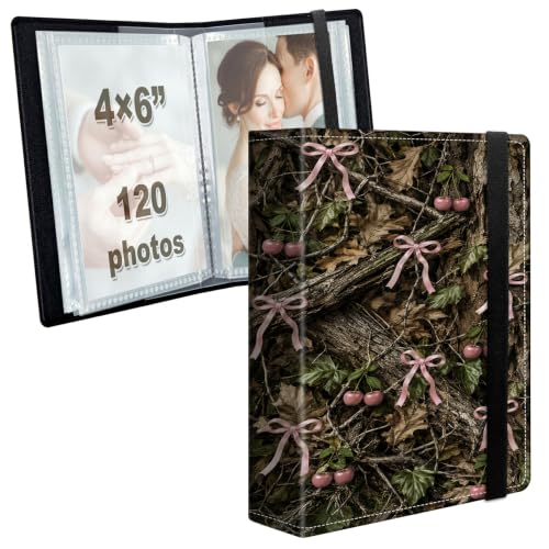 Image of Photo Album 4x6 120 Photos with Strong Elastic Band, Pink Bow Camo | Large Capacity Premium Leather Picture Album, Portable Wallet Albums Photo Book for Family Anniversaries Wedding Baby