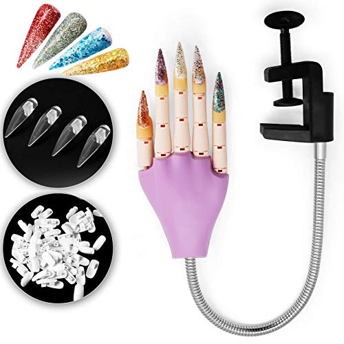 Upgraded Flexible Nail Practice Hand with 100pcs Stiletto Nail Tips and 100pcs Regular Nail Tips, Professional Manicure Nail Hand Model for Acrylic Nails Tech Beginner Use (Purple)