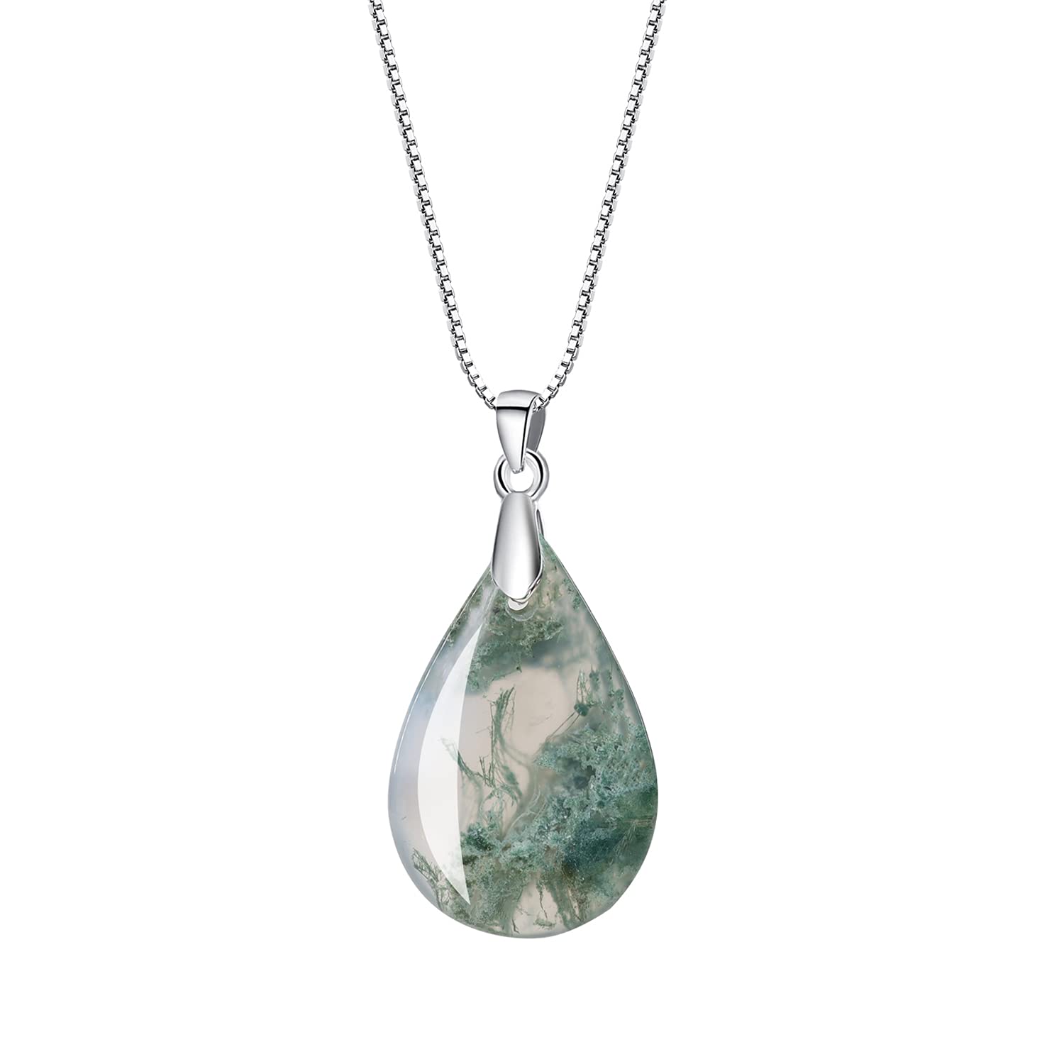 COAI 925 Sterling Silver Moss Agate Leaf Pendant Necklace