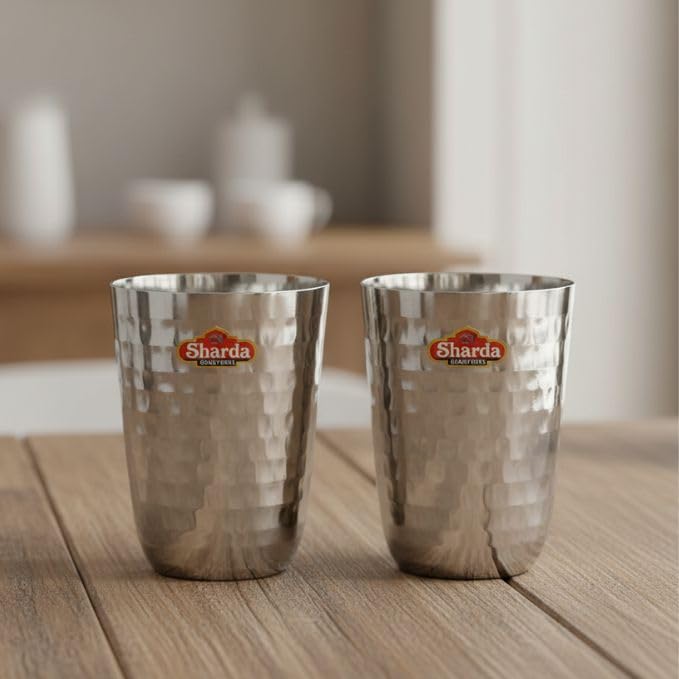 Image of Sharda Metals Stainless Steel Hammered Glass Set of 2 for Water, Juice, Soft Drinks, Lassi, Chaass & Beverages, Mathar Tumbler, Food Grade Serving Glasses - 300 ml Each