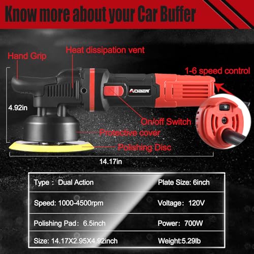AOBEN Car Buffer Polisher,6 inch Dual Action Polisher,Random Buffer Polisher kit with 6 Variable Speed 1000-4500rpm,Detachable Handle,4 Buffing Pads for Car detailing Polishing and Waxing - Image 2