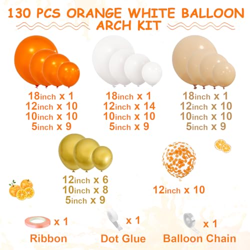 Orange White Balloon Arch Kit, 130 Pcs Orange Apricot Gold Balloon Garland Latex Metallic Confetti Balloons for Girls Autumn Fall Party Birthday Baby Shower Wedding Anniversary Thanksgiving Decoration