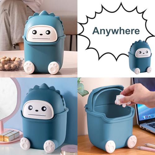 Image of Cute Desktop Trash Can Plastic Creative Mini Lovely Living Room Dining Table Wastebasket with Lid Small Plastic Storage Bin for Home Children Bedroom (Dark Blue Monster)