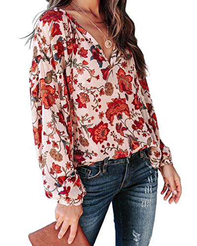 Mlebr Womens Blouses Spring Loose V Neck Long Sleeve Flower Floral Peasant Blouses Tops Shirts Ladies Summer Blouses Xx-Large #TOP4