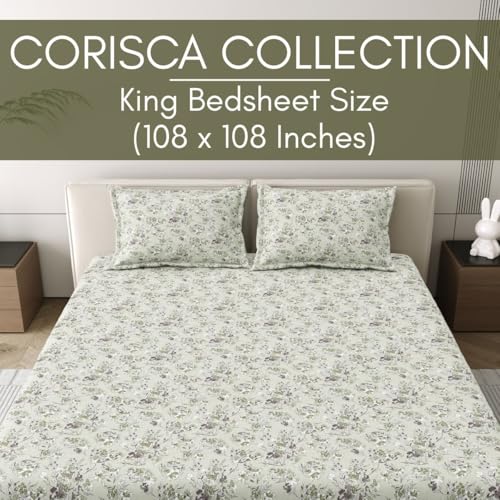 Image of Mafatlal 186 Tc Corsica Cotton Bedsheet for King Size Bed | 108 X 108 Inches | Summer Lightweight Chador for Breathable Sleep | Bedding Set with 2 Pillow Covers | Pastel Green