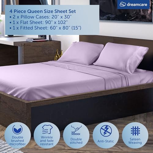Image of DREAMCARE Queen Sheet Set - 4 pcs Breathable Cooling Sheets - up to 15 inch Deep Pocket Queen Sheets Set with Side Pockets - Extra Soft 100% Brushed Hypoallergenic Hotel Luxury Bedding - Lavender