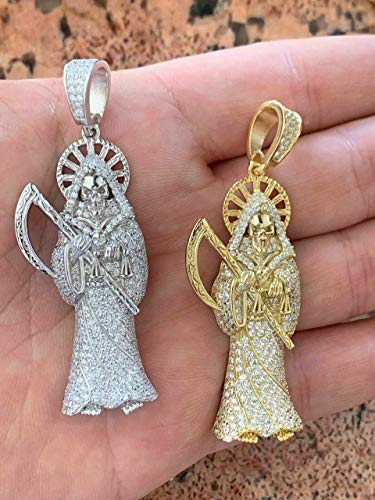 Solid 925 Sterling Silver - Large Men's Grim Reaper Death Pendant - Iced Santa Muerte Piece - Great Necklace (Sterling-Silver) #TOP1