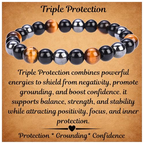 ANAYA AGATE Triple Protection Bracelet – Healing Crystal Bracelet for Women and Men – Hematite – Black Obsidian – Tiger Eye for Protection – Elastic Adjustable Size Gemstone Bead Bracelet