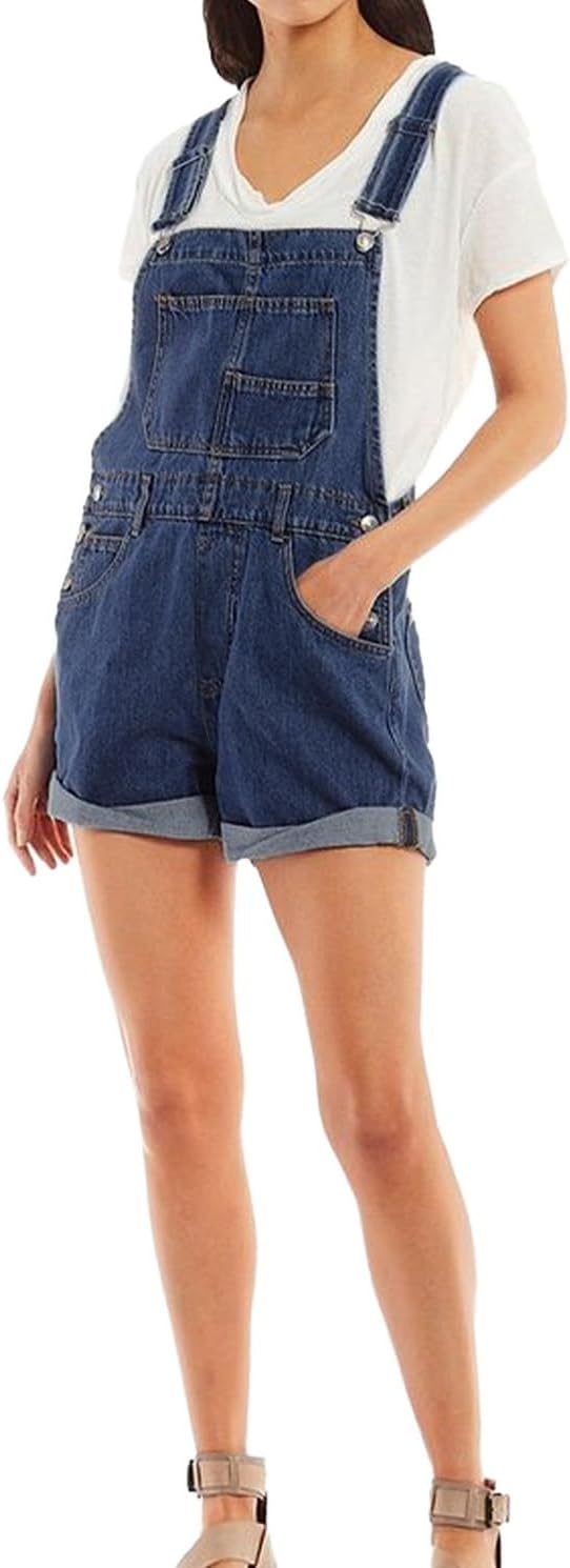 Women's Casual Denim Bib Overall Shorts Adjustable Straps Cuffed Hem Shortall Rompers - Image 5