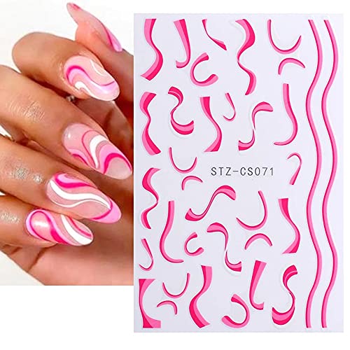 Curve Lines Nail Art Stickers Ribbon Nail Decals Ballet Streamer Stripes Nail Supplies 3D Self-Adhesive Nail Decoration for Acrylic Nails with French Whirling Wave Swirl Cow Print Design 7 Sheets