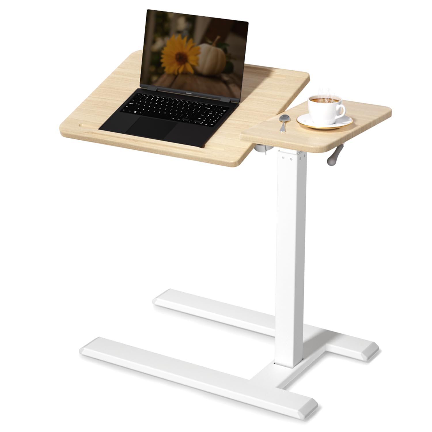 SIHOO D01 Medical Adjustable Tilt Overbed Bedside Table with Wheels Pneumatic Mobile Standing Laptop Desk Rolling Computer Cart Movable Bed Hospital Home Use （White Oak）