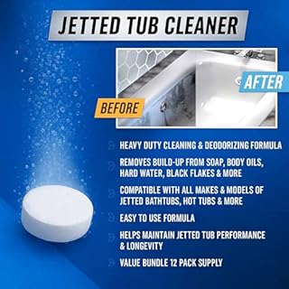 Jetted Tub Cleaner Bathtub Tabs - 12 ACTIVE Cleaning Tablets, Compatible with Whirlpool & Spa Bath System, Jets, Whirl Tubs, Professional Septic Safe Bath Jet Scale and Residue Remover - 1 Year Supply