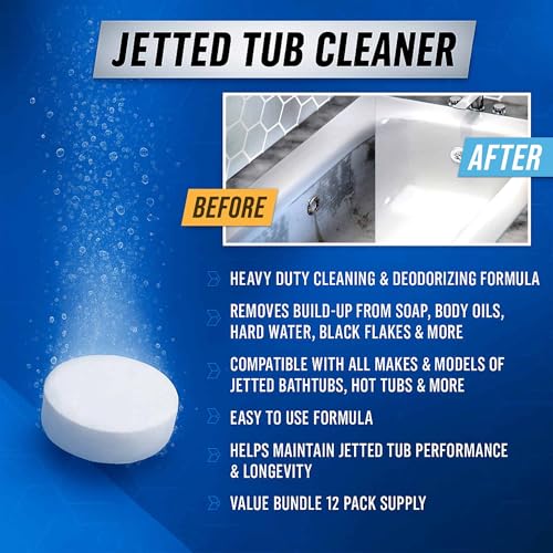 Image of Jetted Tub Cleaner Bathtub Tabs - 12 ACTIVE Cleaning Tablets, Compatible with Whirlpool & Spa Bath System, Jets, Whirl Tubs, Professional Septic Safe Bath Jet Scale and Residue Remover - 1 Year Supply