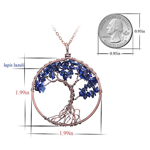 Family Root Wire Wrapped Copper Tree of Life Crystal Pendant Necklace Nature Semi Precious Raw Lapis Lazuli Quartz Birth Stone Pendant Wire Wrapped Vintage Jewelry