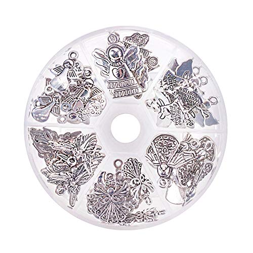 PandaHall Elite 51 Pcs 6 Styles Tibetan Style Alloy Angel Pendant Charms for Bracelet Necklace Jewelry Making Antique Silver