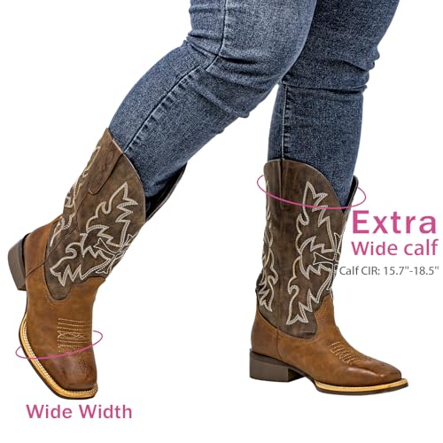 SheSole Extra Wide Calf Cowboy Boots for Women - Square Toe & Classic Stitching with Earth Tones, Removable Cushion Insoles | Roomy Comfort for Full-Figured Calves2