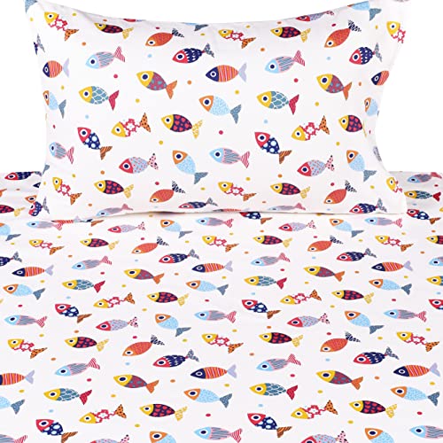 Scientific Sleep Colourful Fish Sardine Kids Toddler 100% Cotton Cozy 3 Pcs Twin Bed Sheet Set, Flat Sheet & Fitted Sheet & Pillowcase Natural Bedding Set #TOP2