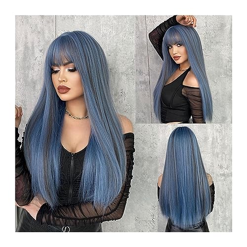 Perruque synthétique frange longue bleu sirène 24" résistant chaleur