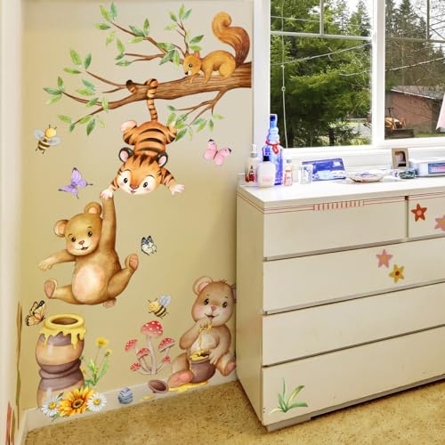 Bear & Tiger Wall Stickers for Nursery Watercolor Forest Animal Wall Decals with Squirrel, Bees & Honey - Image 3