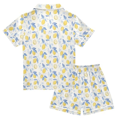 Lemon Cute Simple Pattern Summer Satin Pajama Set, Cute Button-Down Sleepwear Pj Set for Sleep Wears2