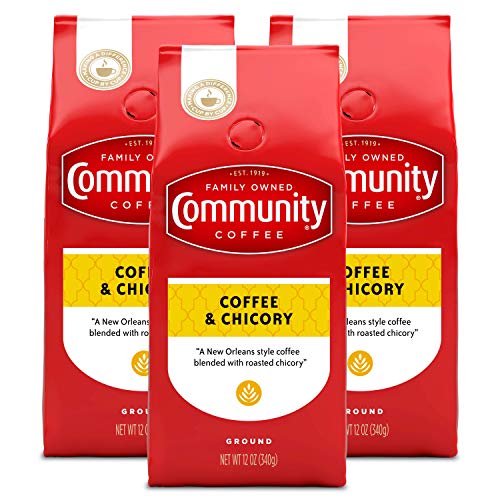 Community Coffee Coffee & Chicory Blend Coffee, Medium Dark Roast Ground Coffee, 12 Ounce Bag (Pack of 3)