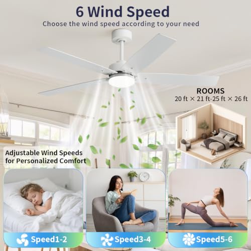 Image of 52 Inch Ceiling Fans with Lights and Remote for Bedroom Living Room Kitchen Home Office Indoor /Outdoor, 18W 3CCT Dimmable, Dual Color 5 Blades 6 Speed Reversible Quiet DC Motor, White /Wood Grain