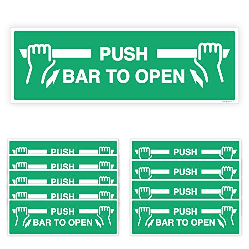 Pack of 10 Push Bar to Open Sign Self Adhesive (300 x 100 mm) Waterproof Landscape Push Bar to Open Sign Sara Prints®