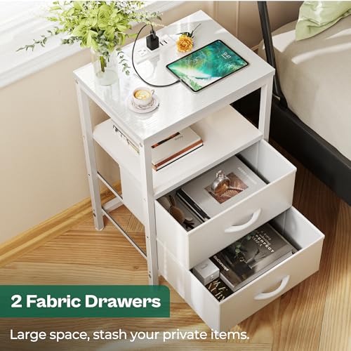 image for Huuger Nightstand with Charging Station, Side Table with Fabric Drawer