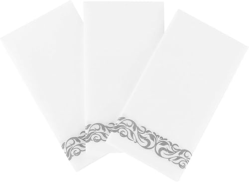 Miniatura 9 de Party Bargains Toallas desechables de lino para invitados, paquete de 100, 12 x 17 pulgadas, color blanco con estampado plateado, toallas de mano de