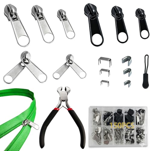 Vintrex 150 Pcs Zipper Repair Kit with Replacement Sliders, #3#5#8 Metal Zipper Pull Replacement Kit with Install Plier for Jackets, Coats, Tents, Backpacks, Sleeping Bags, and Luggage